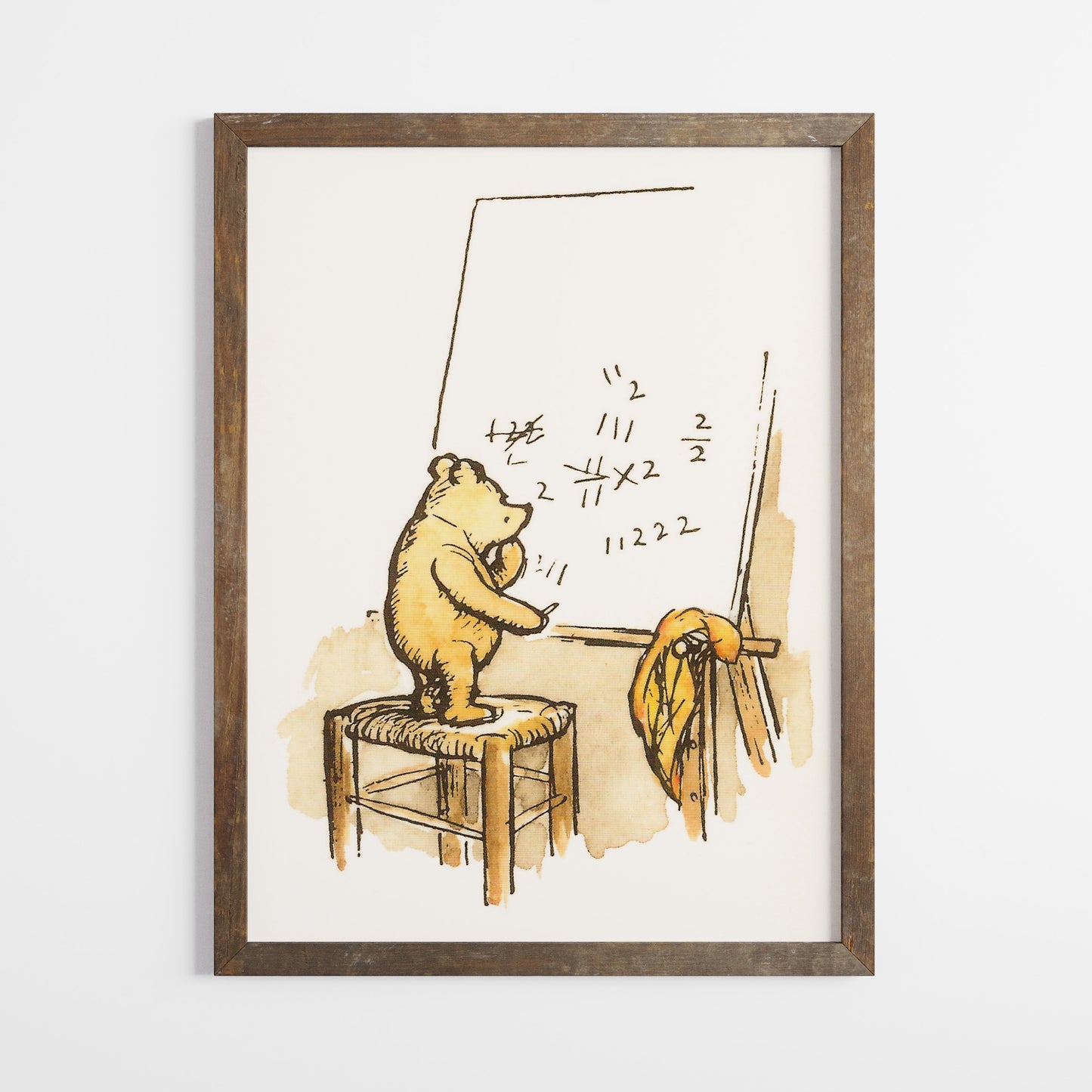 Retro Nalle Puh illustration för barnrummet. Nalle Puh räknar matte.