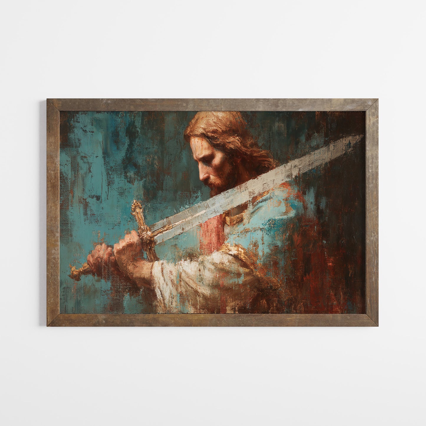 Poster, Jesus kämpar för dig, Jesus med svärd abstrakt oljemålning.