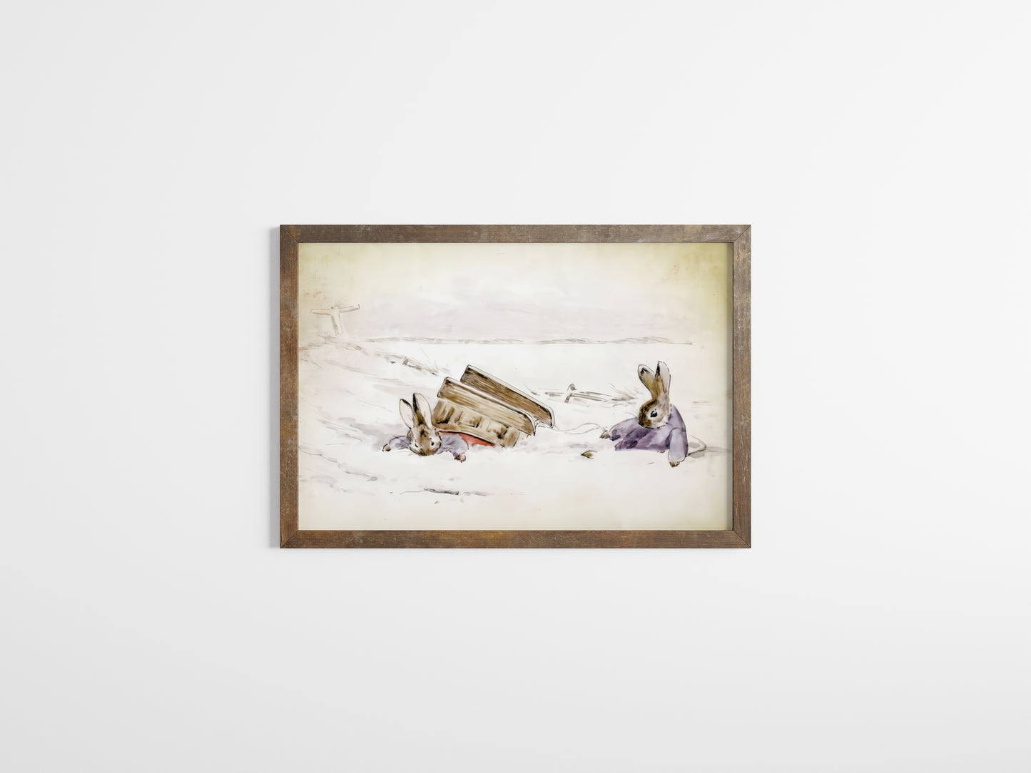 Retro Beatrix Potter illustration, kaniner i snölandskap.