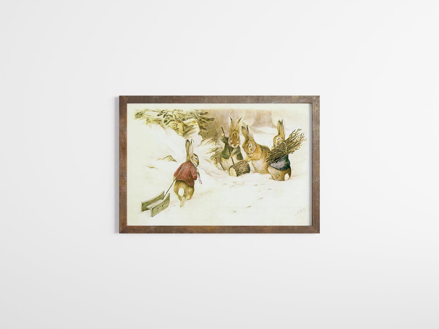 Retro Beatrix Potter illustration, kaniner i vinterlandskap.