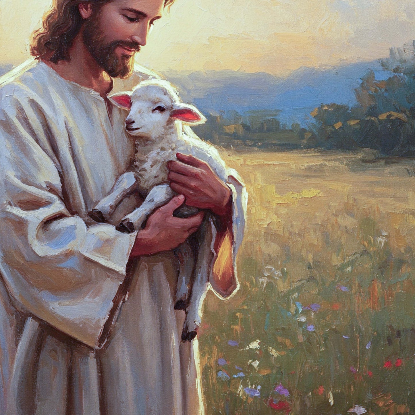 Den gode herden Poster, Jesus håller ett lamm i sin famn oljemålning.