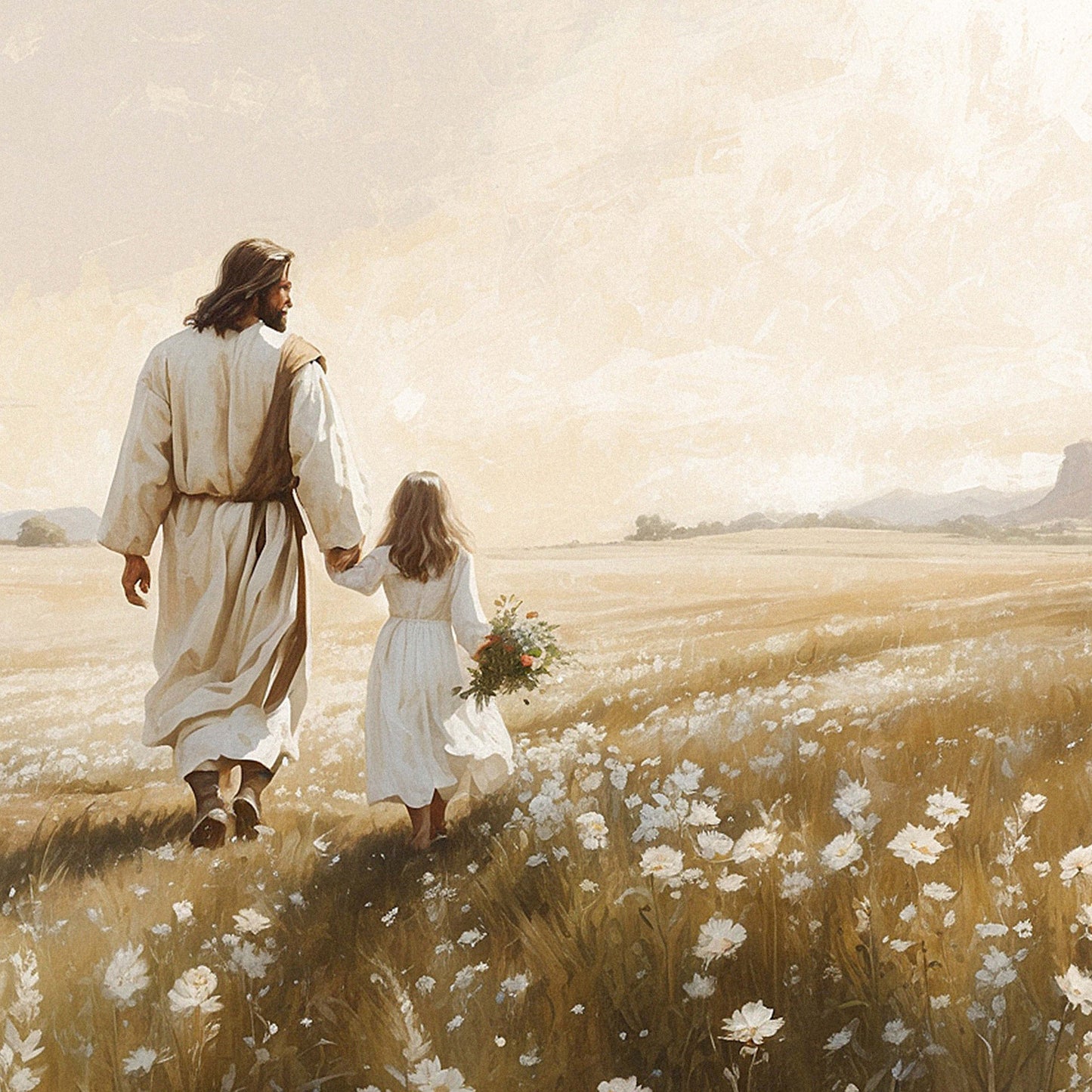 Jesus och flicka på äng oljemålning, kristen poster.