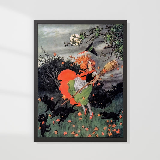 Poster, retro illustration av en gullig häxa och hennes katter.