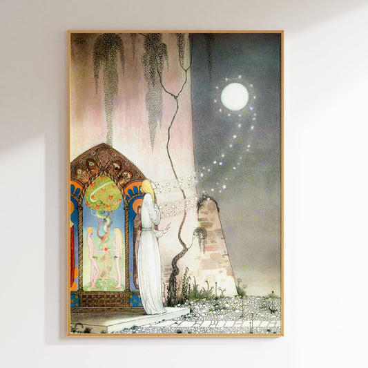 Vintage illustration av Kay Nielsen, prinsessa och fullmåne.