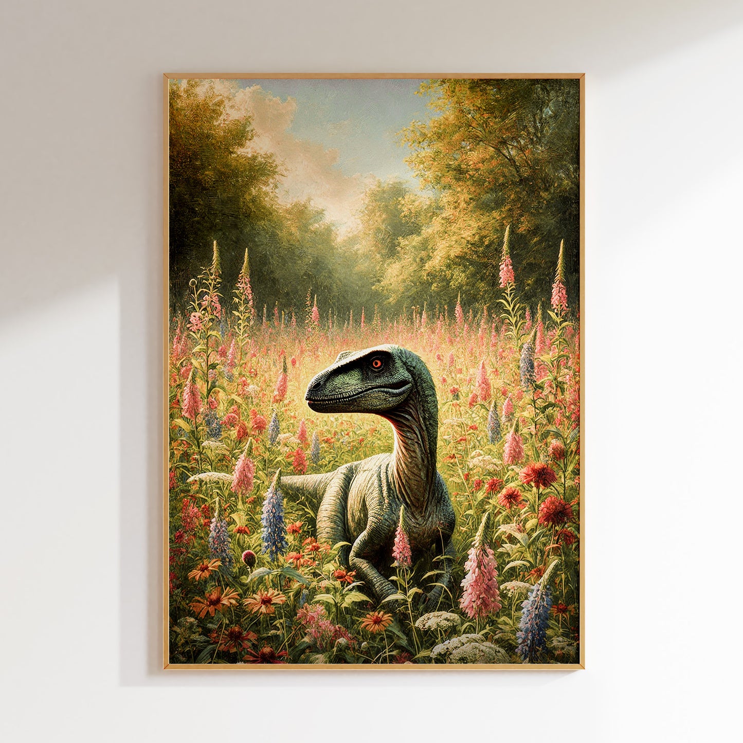 Velociraptor oljemålning. Dinosaur poster.