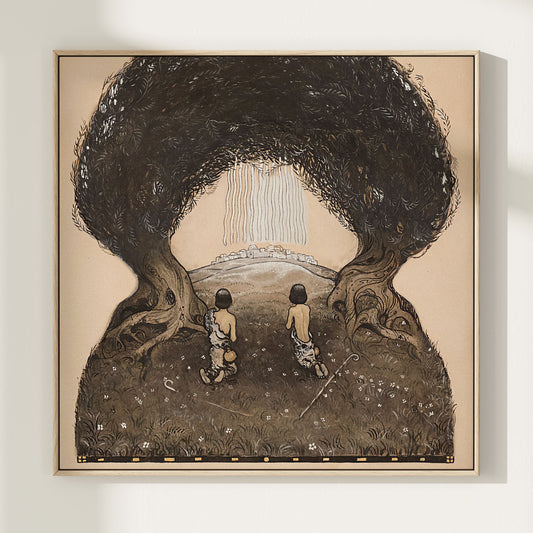 John Bauer poster, två unga herdar utanför staden.