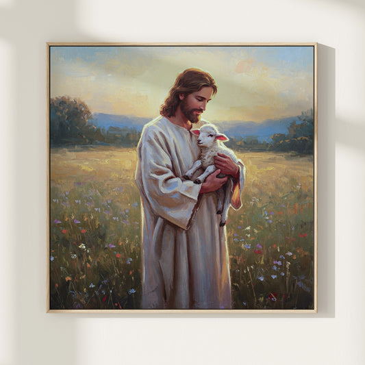 Den gode herden Poster, Jesus håller ett lamm i sin famn oljemålning.