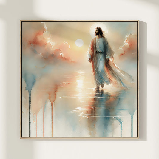 Jesus går på vattnet, målning i vattenfärger.
