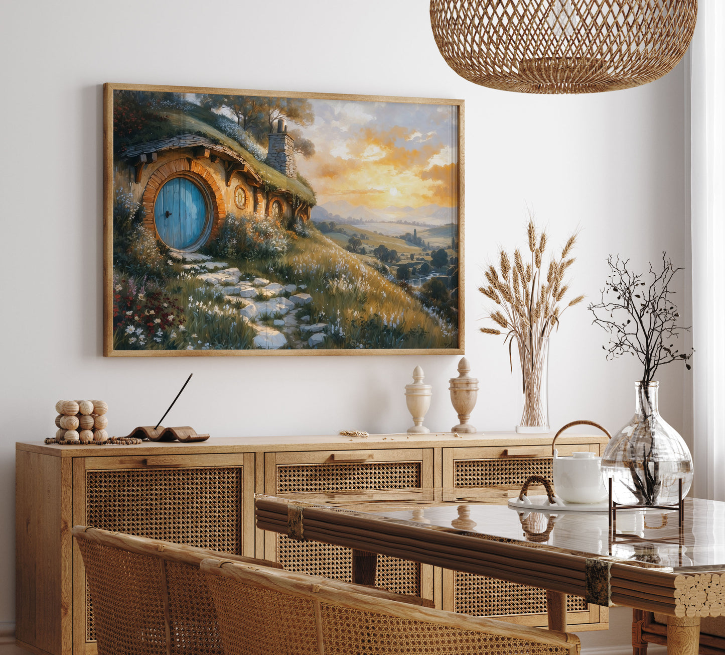 Sagan om Ringen inspirerad poster. Hobbithåla i solnedgång.