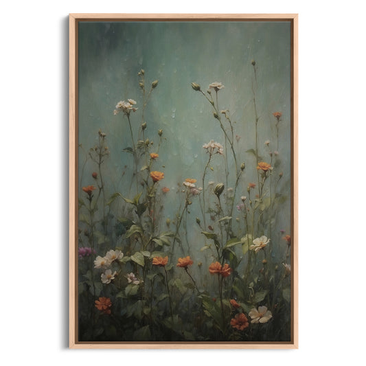 Exklusiv inramad canvastavla i stort format. Vildblommor med grön bakgrund.