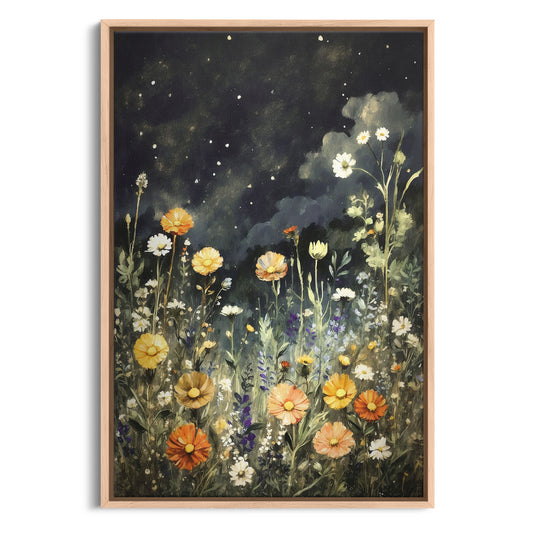 Exklusiv inramad canvastavla i stort format. Blommor i natten.