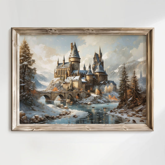 Fantasy Poster. Wizard School i vinterlandskap.