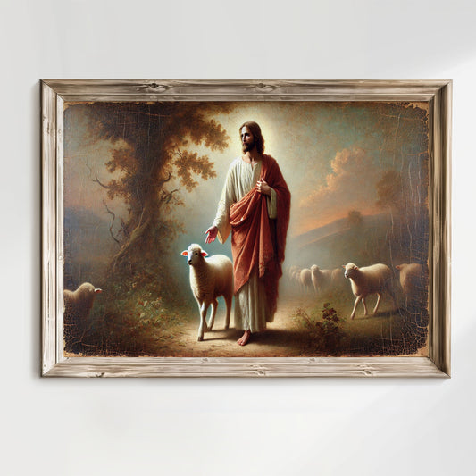 Jesus den goda herden Poster. Gammal oljemålning.