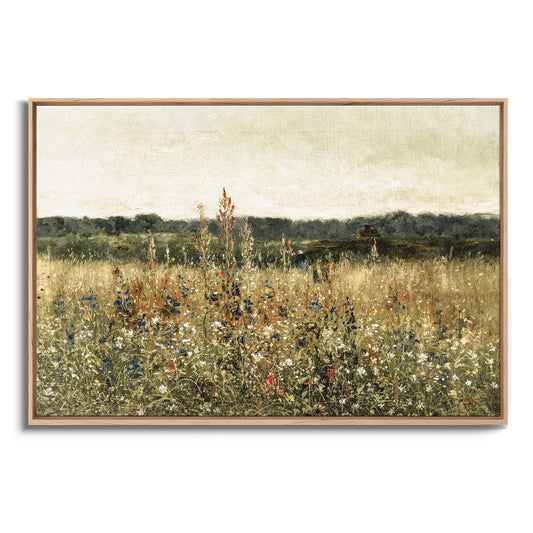Exklusiv inramad canvastavla i stort format. Berömd retro oljemålning av vildblommor på äng.