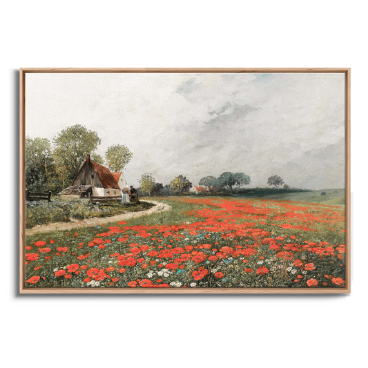 Exklusiv inramad canvastavla i stort format. Landskapsmotiv av sommaräng med röda vildblommor.