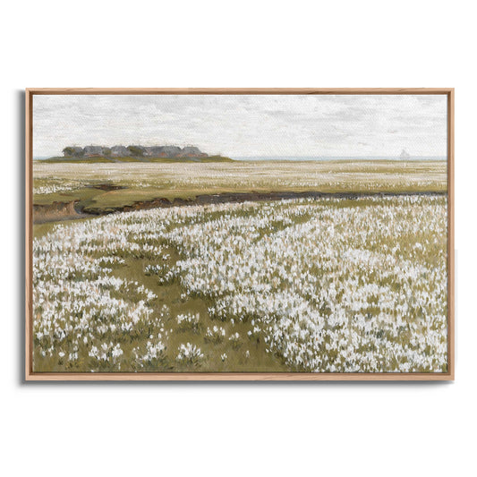 Exklusiv inramad canvastavla i stort format. Landskapsmotiv av sommaräng med vita vildblommor.