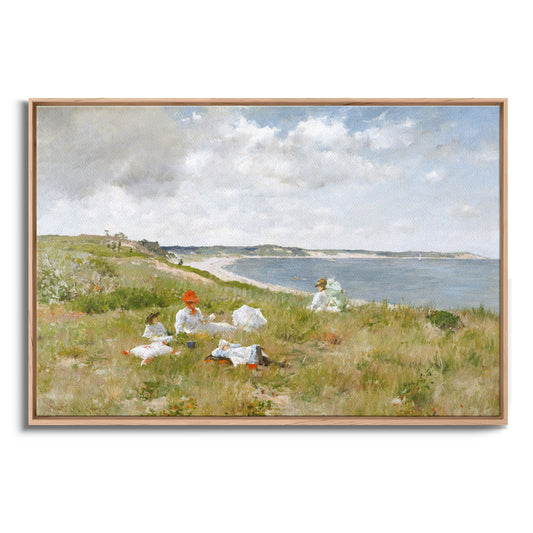 Exklusiv inramad canvastavla i stort format. Retro landskapsmålning, picknick vid stranden.