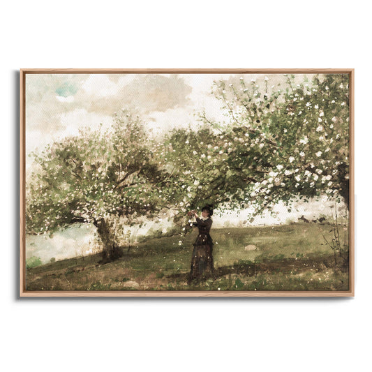 Exklusiv inramad canvastavla i stort format. Retro oljemålning av blommande äppelträd.
