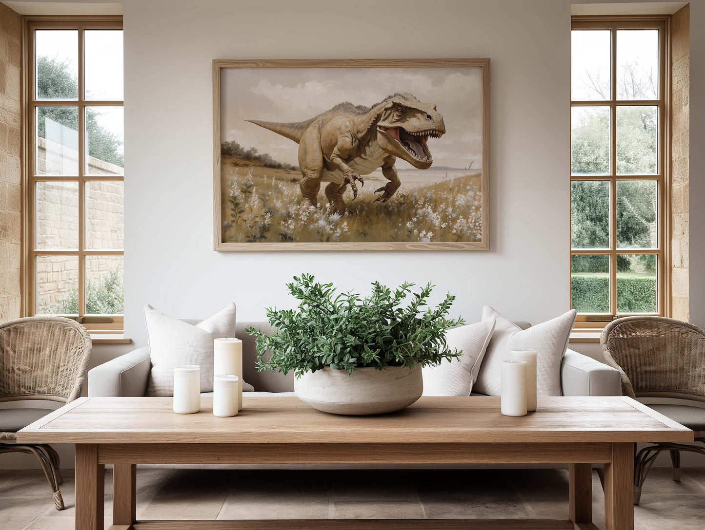 T-rex oljemålning. Dinosaur poster.