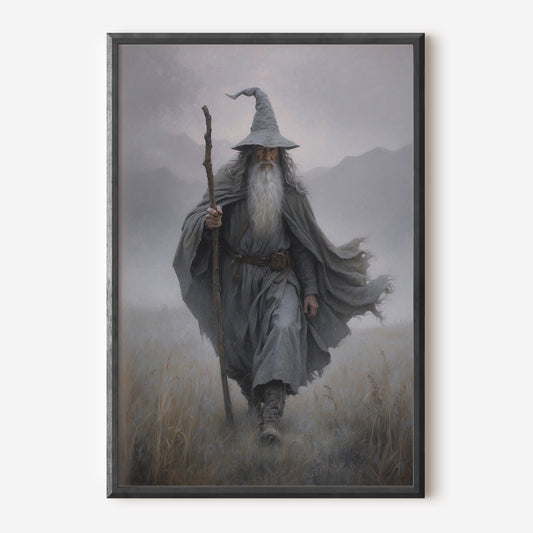 Sagan om Ringen inspirerad målning. Wizard in misty field.