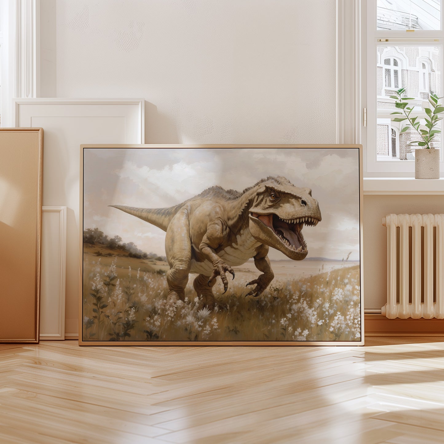 T-rex oljemålning. Dinosaur poster.