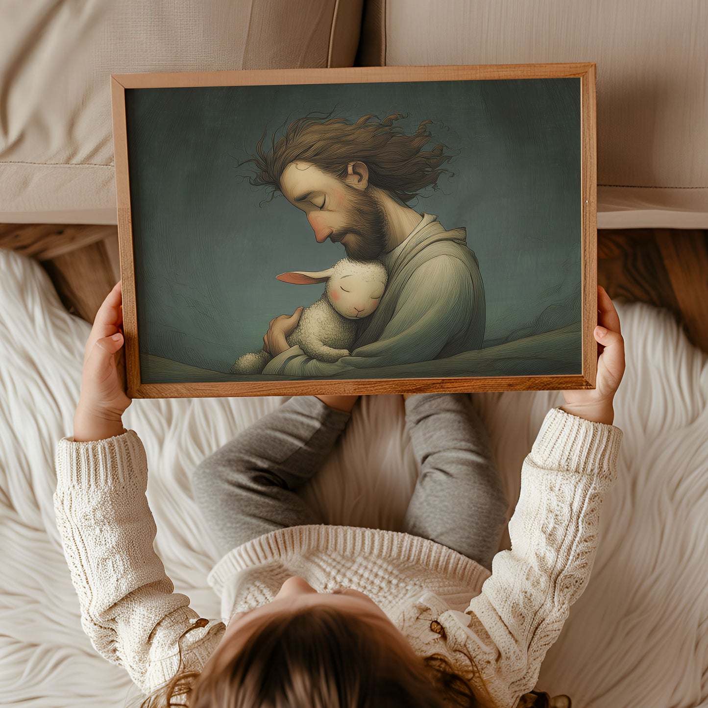 Jesus kramar lammet, den goda herden poster.