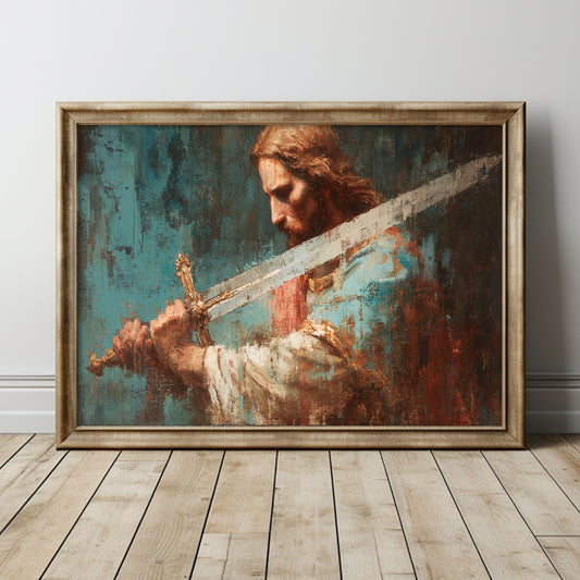 Poster, Jesus kämpar för dig, Jesus med svärd abstrakt oljemålning.