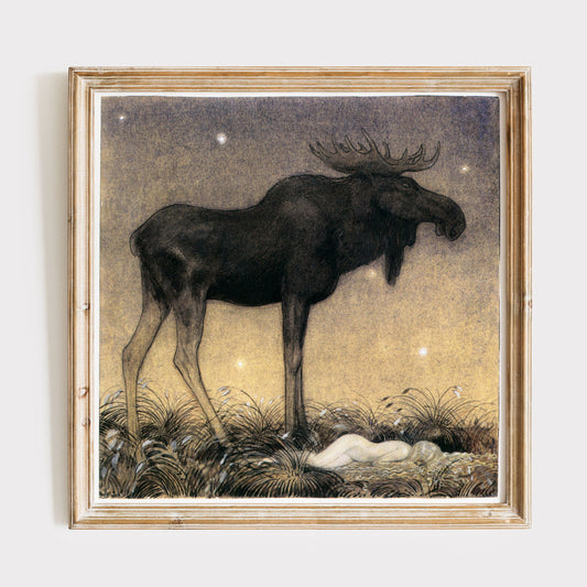 Retro John Bauer illustration, sovande prinsessa och älg.