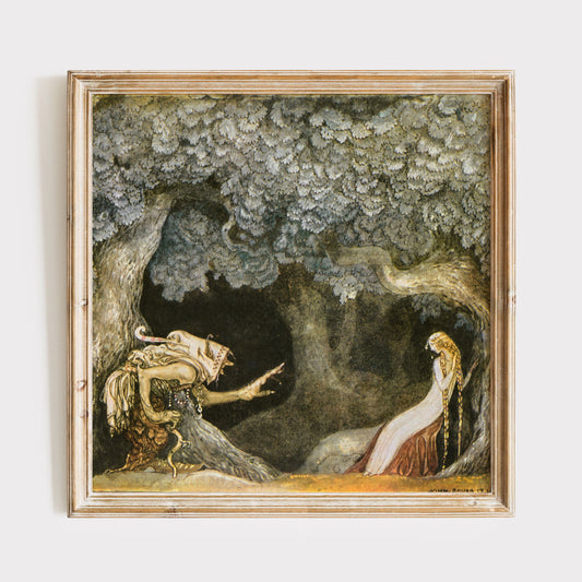 Vintage poster av John Bauer, Häxa och prinsessa i skogen.