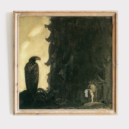 John Bauer illustration. Liten flicka och örn.