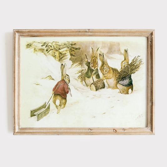 Retro Beatrix Potter illustration, kaniner i vinterlandskap.