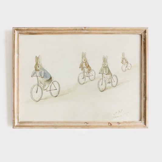 Retro Beatrix Potter illustration för barnrummet. Biker Bunnies.