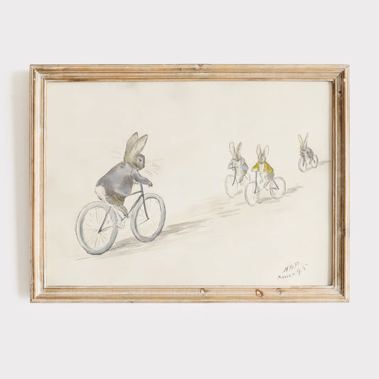 Retro Beatrix Potter illustration för barnrummet. Biker Bunnies.