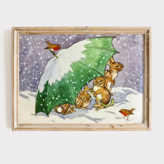 Retro Beatrix Potter illustration, kaniner under paraply.