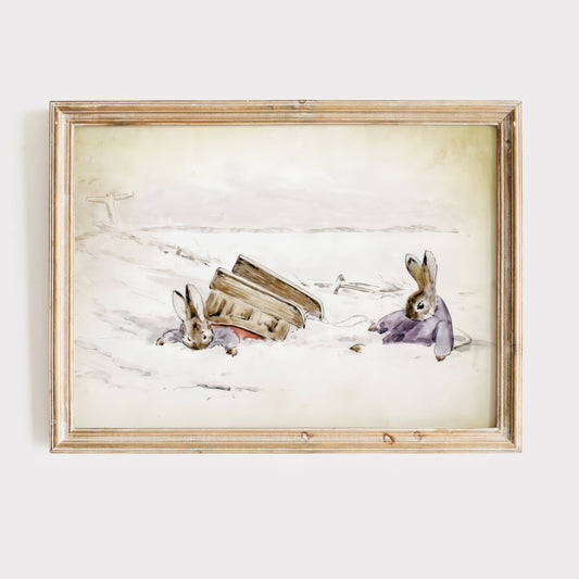 Retro Beatrix Potter illustration, kaniner i snölandskap.