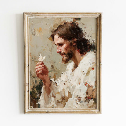Jesus med fjäril oljemålning,
