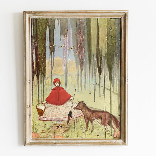 Retro illustration för barnrummet, Rödluvan och vargen.