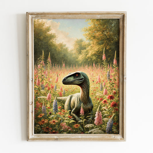 Velociraptor oljemålning. Dinosaur poster.