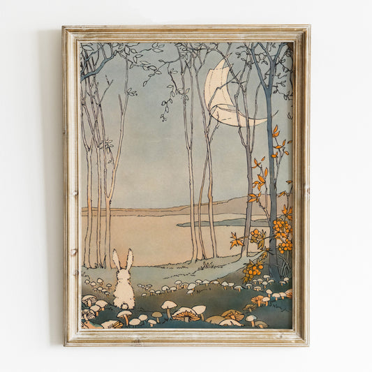 Retro Illustration för barnrummet. Kanin i magisk skog.