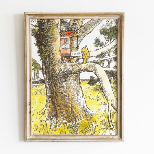 Retro Nalle Puh illustration för barnrummet. Trädkoja.