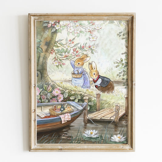 Retro Illustration för barnrummet. Beatrix Potter, kaniner på picknick.