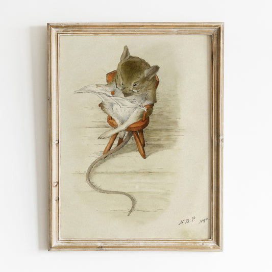 Retro original Beatrix Potter illustration, mus som läser tidningen.