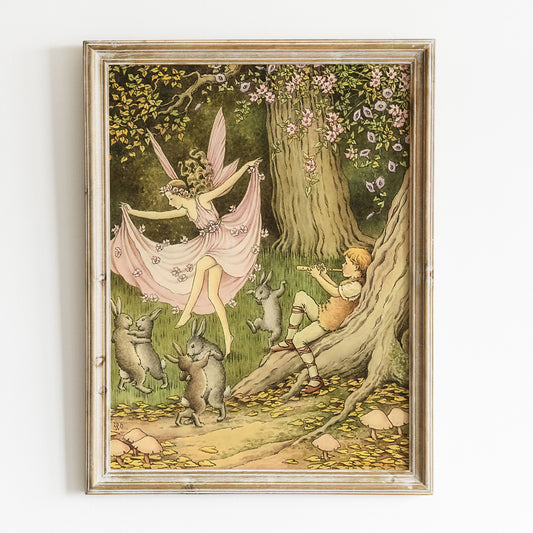 Poster, vintage illustration av dansande älva i skogen.