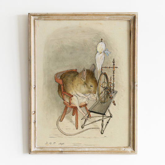 Original Beatrix Potter illustration, mus vid spinnrock.