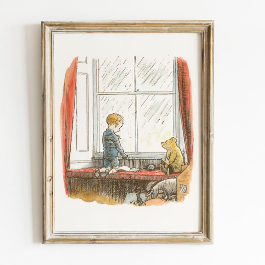 Retro Nalle Puh illustration för barnrummet. Väntan på bättre tider.