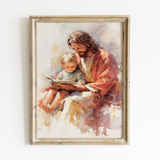 Poster, Jesus läser för pojke.