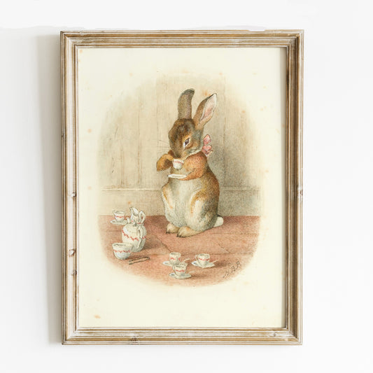 Retro Beatrix Potter illustration för barnrummet. A rabbit tea party.
