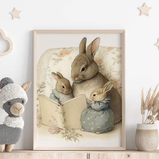 Kaninmamma läser saga för sina ungar illustration.