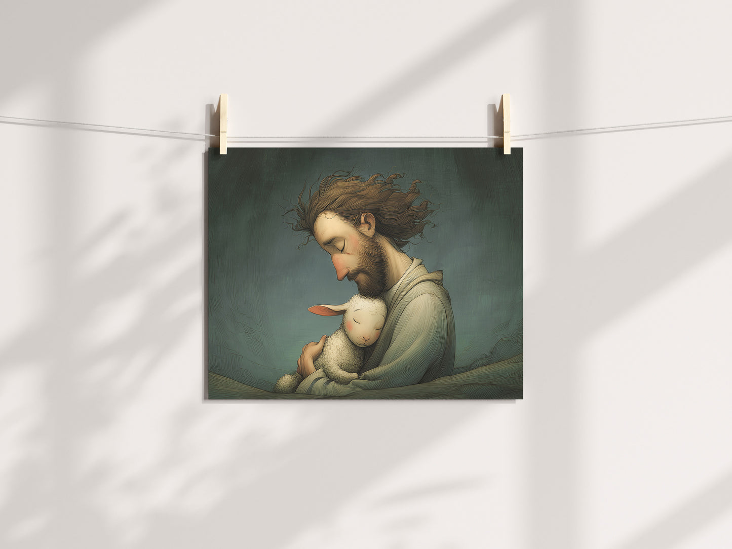 Jesus kramar lammet, den goda herden poster.