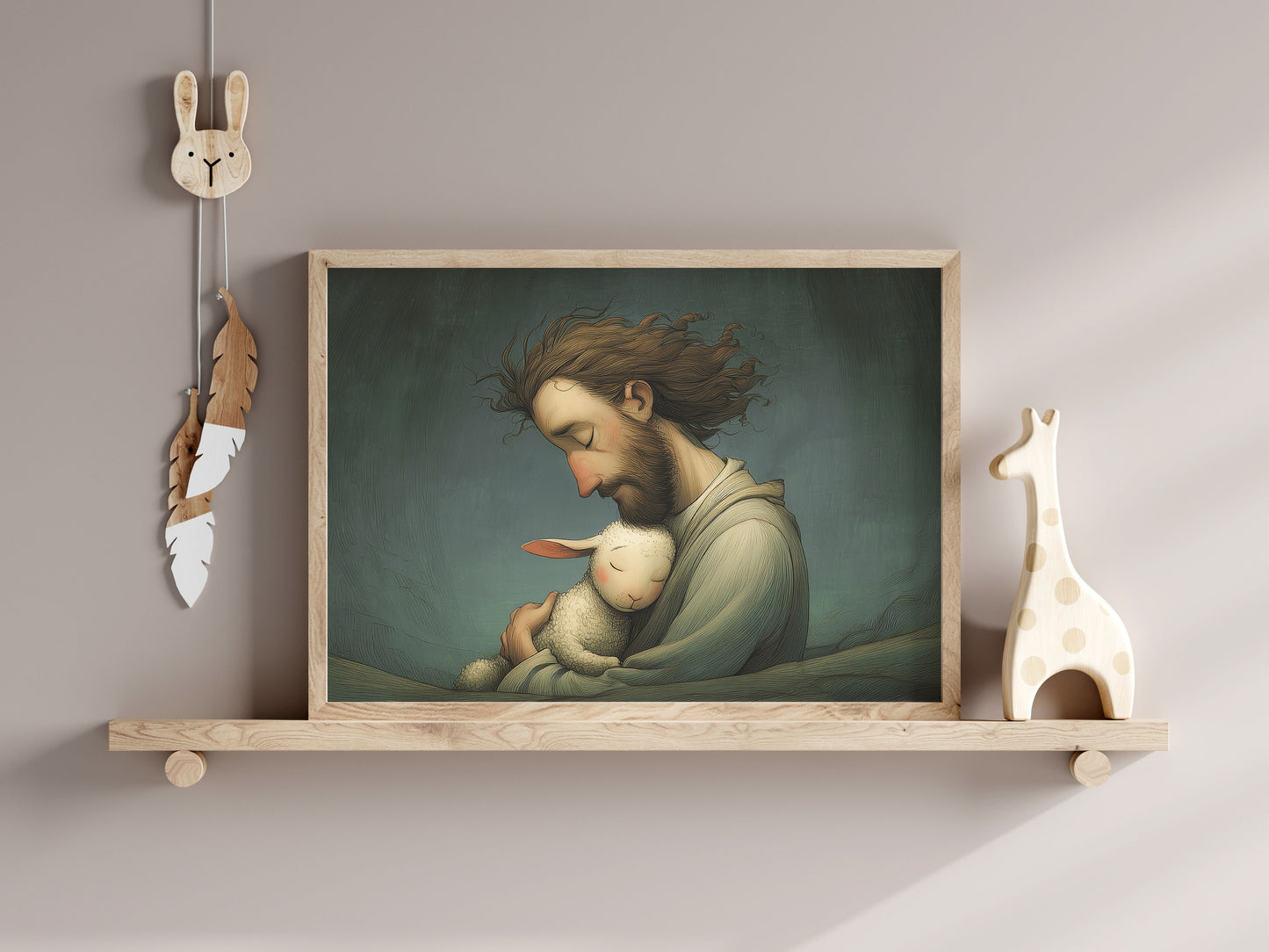 Jesus kramar lammet, den goda herden poster.